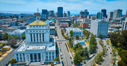 Image of Front of Oakland California courthouse on bright summer day aerial Image of Front of Oakland California courthouse on bright summer day aerial